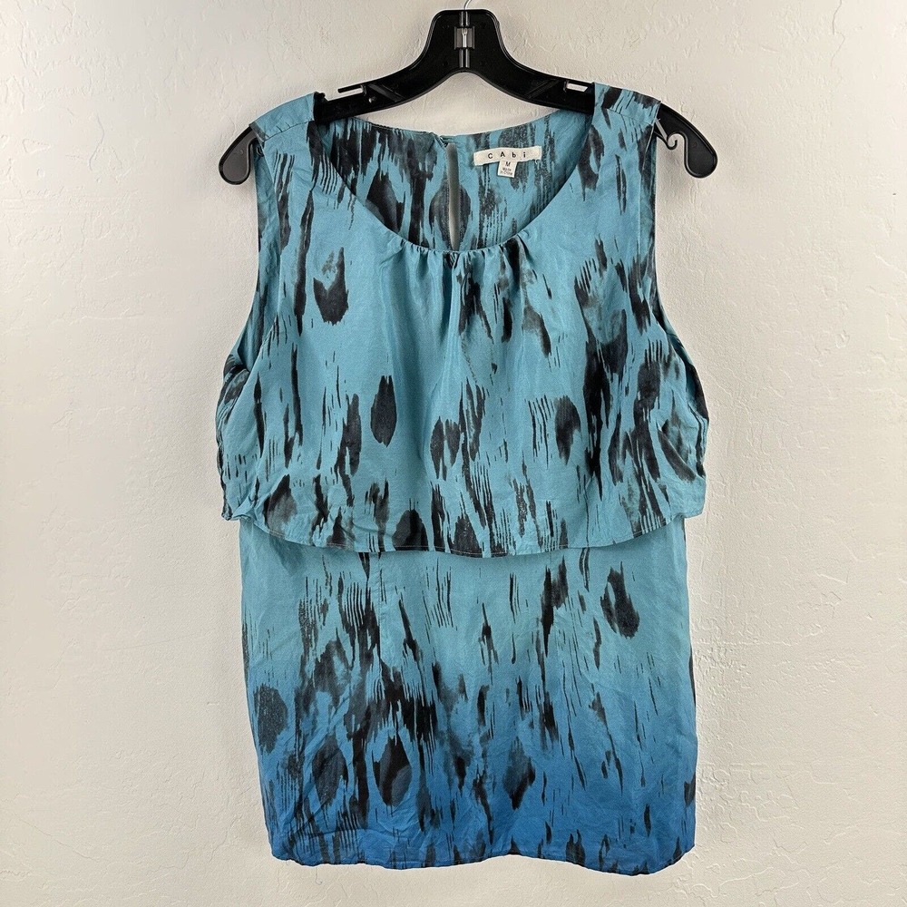 Cabi 100% Silk Teal Blue Black Abstract Print Layered Tiered Blouse Size‎ M